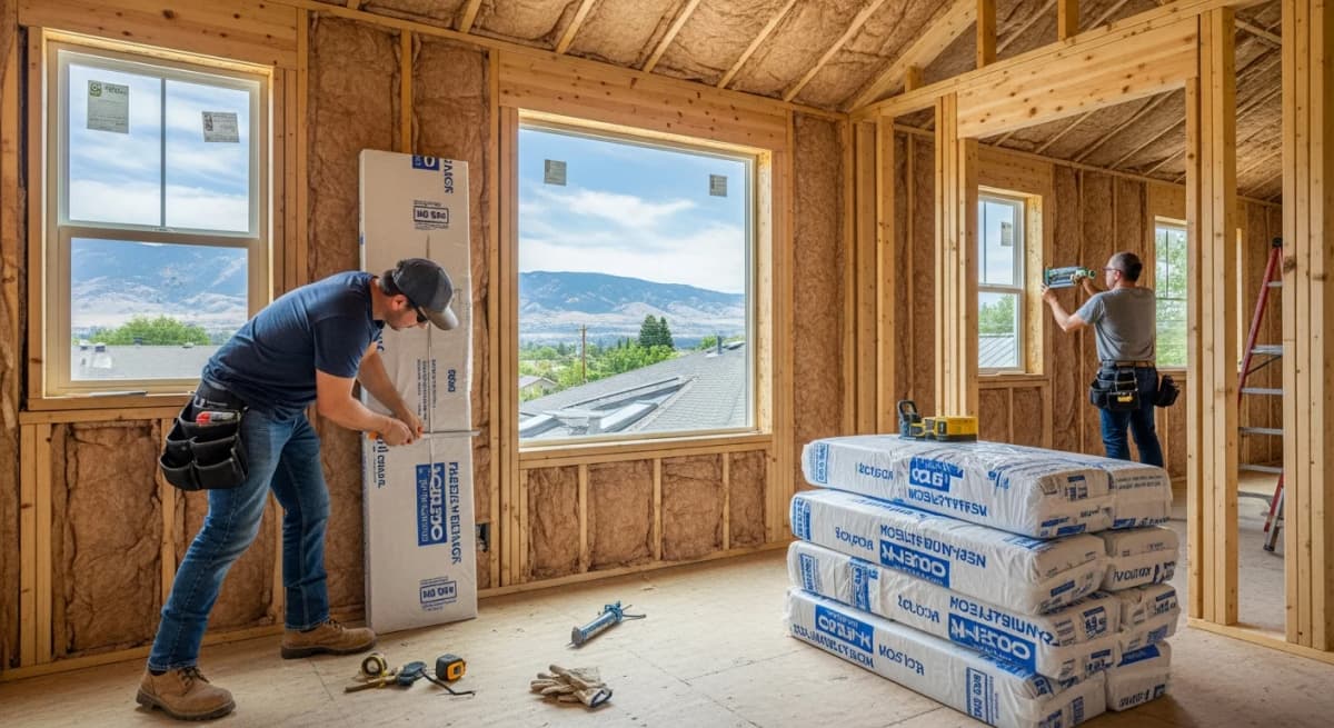Wall insulation installation in a new ADU construction meeting R-20 energy code requirements in Boise