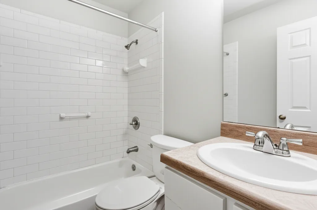 Compact bathroom with a single vanity, toilet and shower in a small footprint