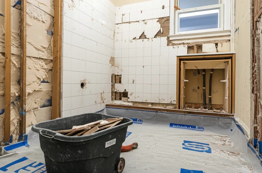 Interior bathroom demolition in a Boise home, taken down to the studs with dust containment in place
