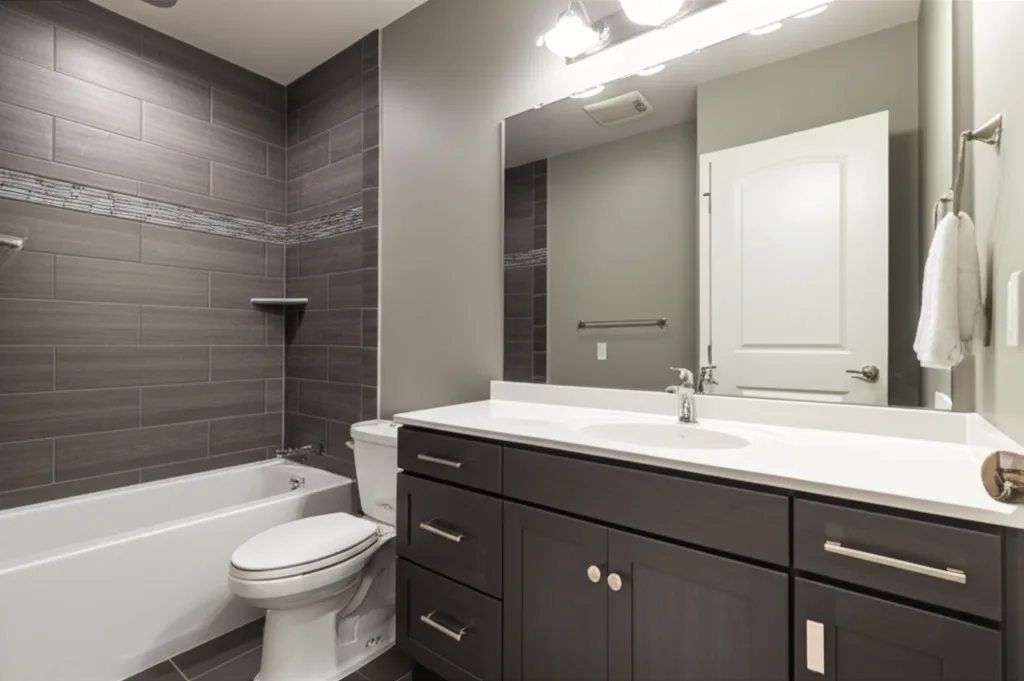 Completed bathroom with vanity, toilet and shower installed
