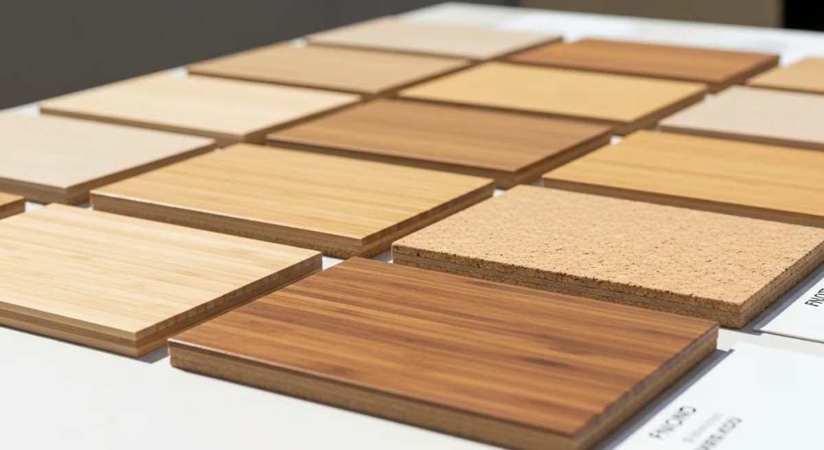 A bright flooring supplier showroom in Boise Idaho displaying rows of hardwood and luxury vinyl plank samples