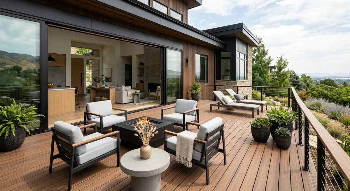 Capped wood-plastic composite decking boards on a residential deck