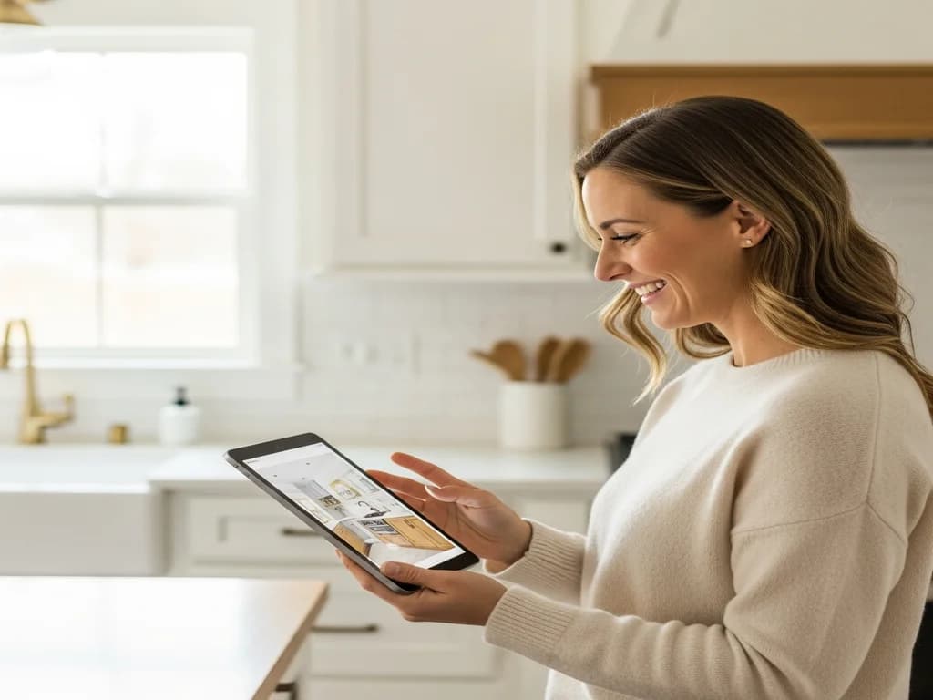 Homeowner reviewing an AI remodel concept on a tablet in her kitchen