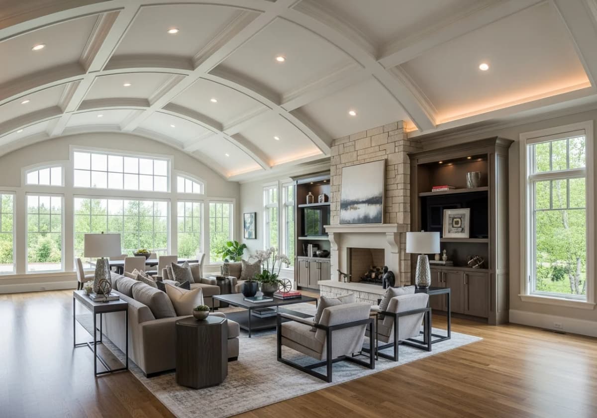 A high-end great room with flawless Level-5 smooth ceilings and accent details in a luxury Boise home