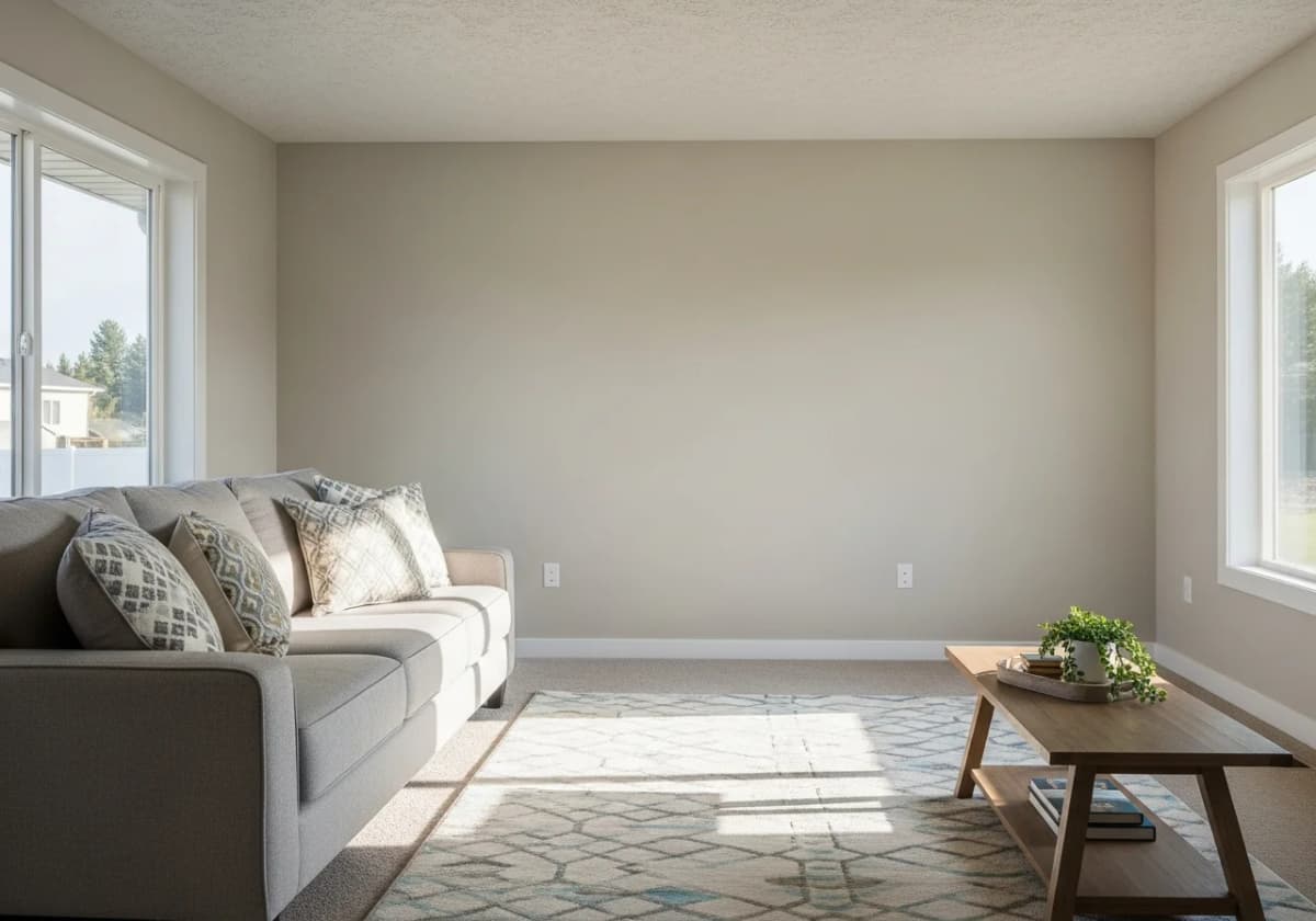 A smoothly finished living room ceiling and walls with clean corners in a Treasure Valley home