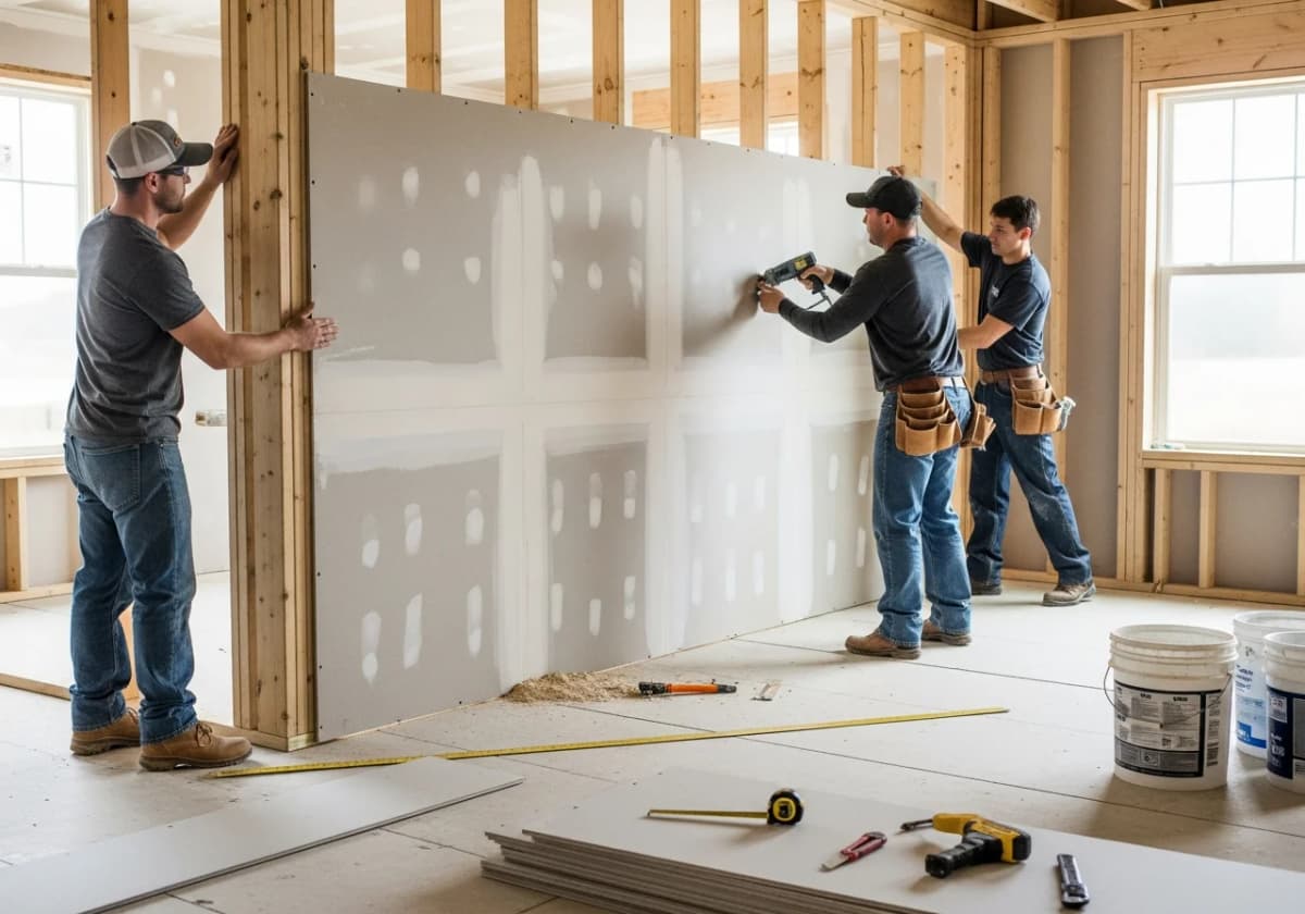 A crew hanging and screwing drywall sheets to wall framing in a Boise home under construction