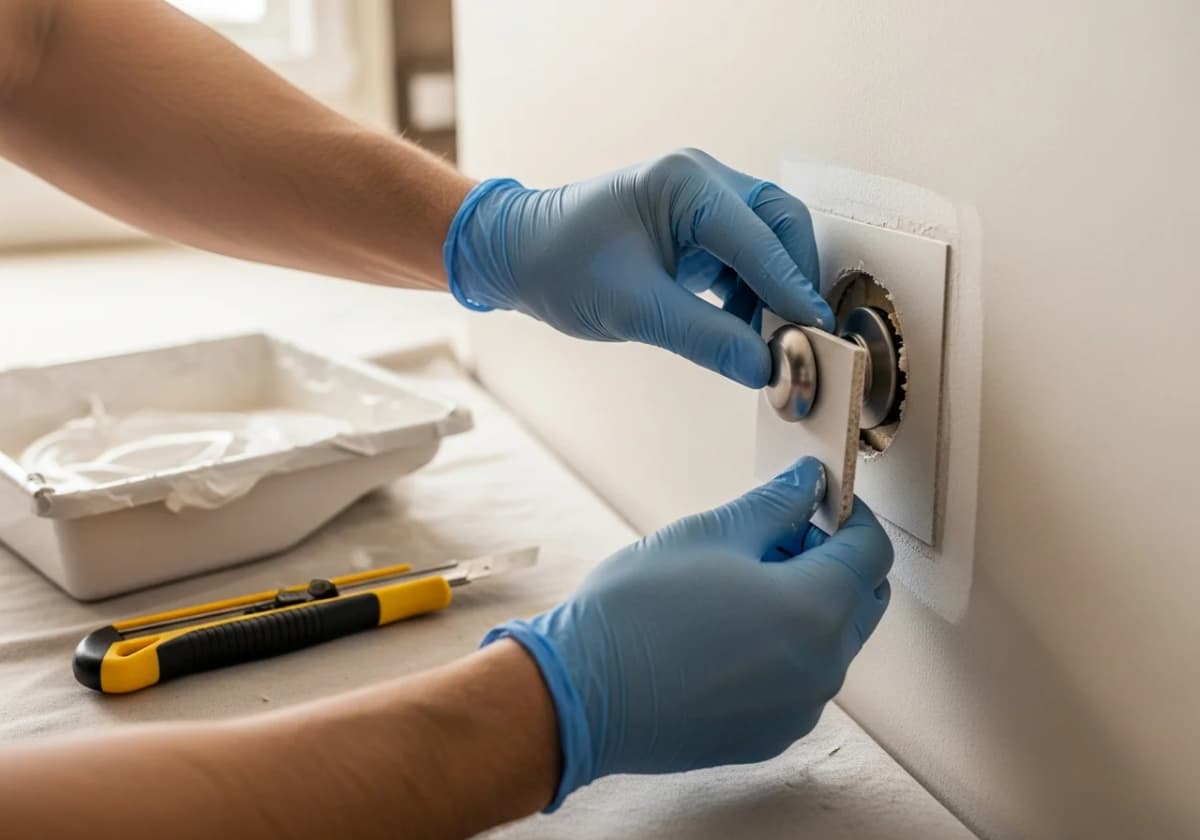 A drywall contractor fitting a backed patch into a doorknob-sized hole in a Boise home wall
