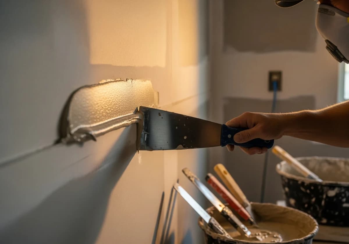 A drywall finisher feathering joint compound over a taped seam with a wide knife in a Treasure Valley home