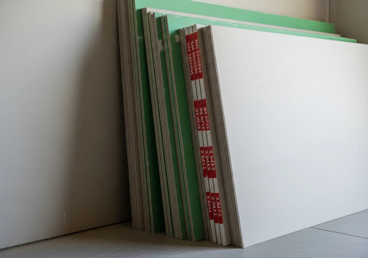 Different types of drywall board stacked at a Treasure Valley job site, including fire-rated and moisture-resistant panels