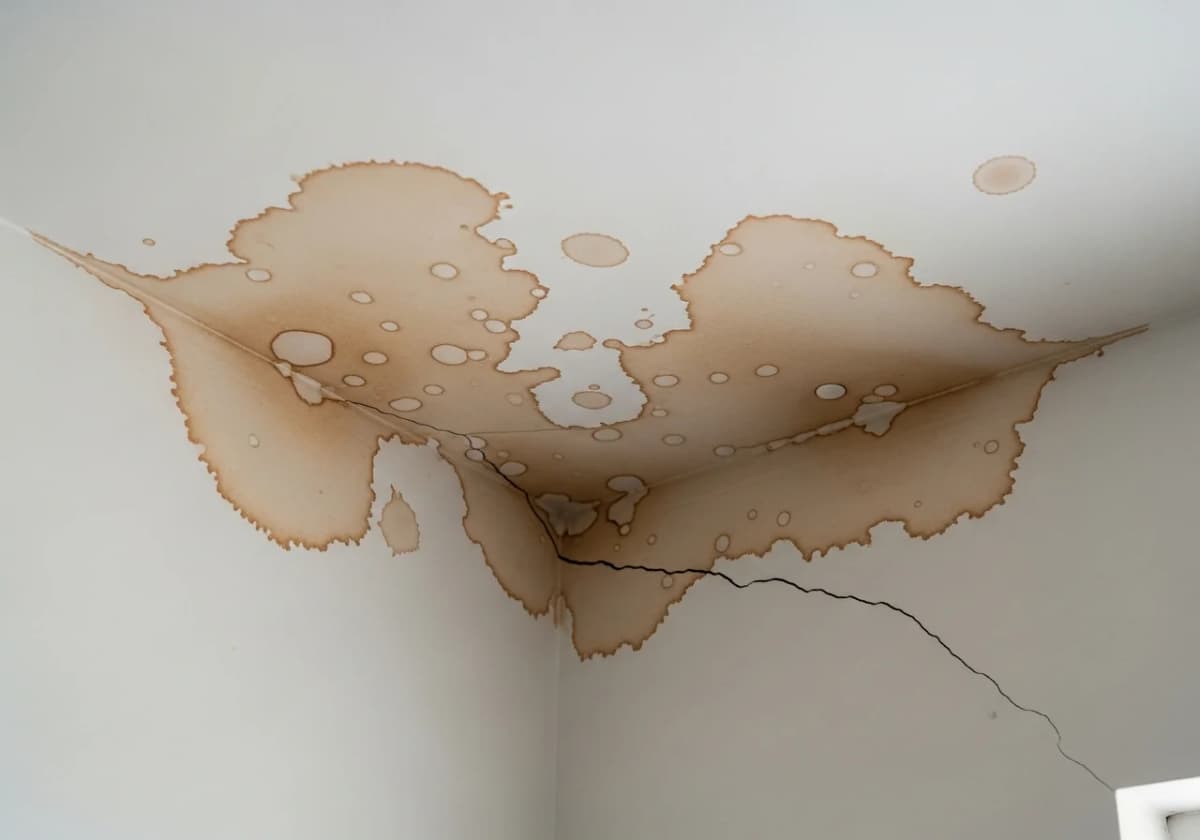 Brown water stains and a hairline ceiling crack on drywall in a Boise-area home awaiting repair