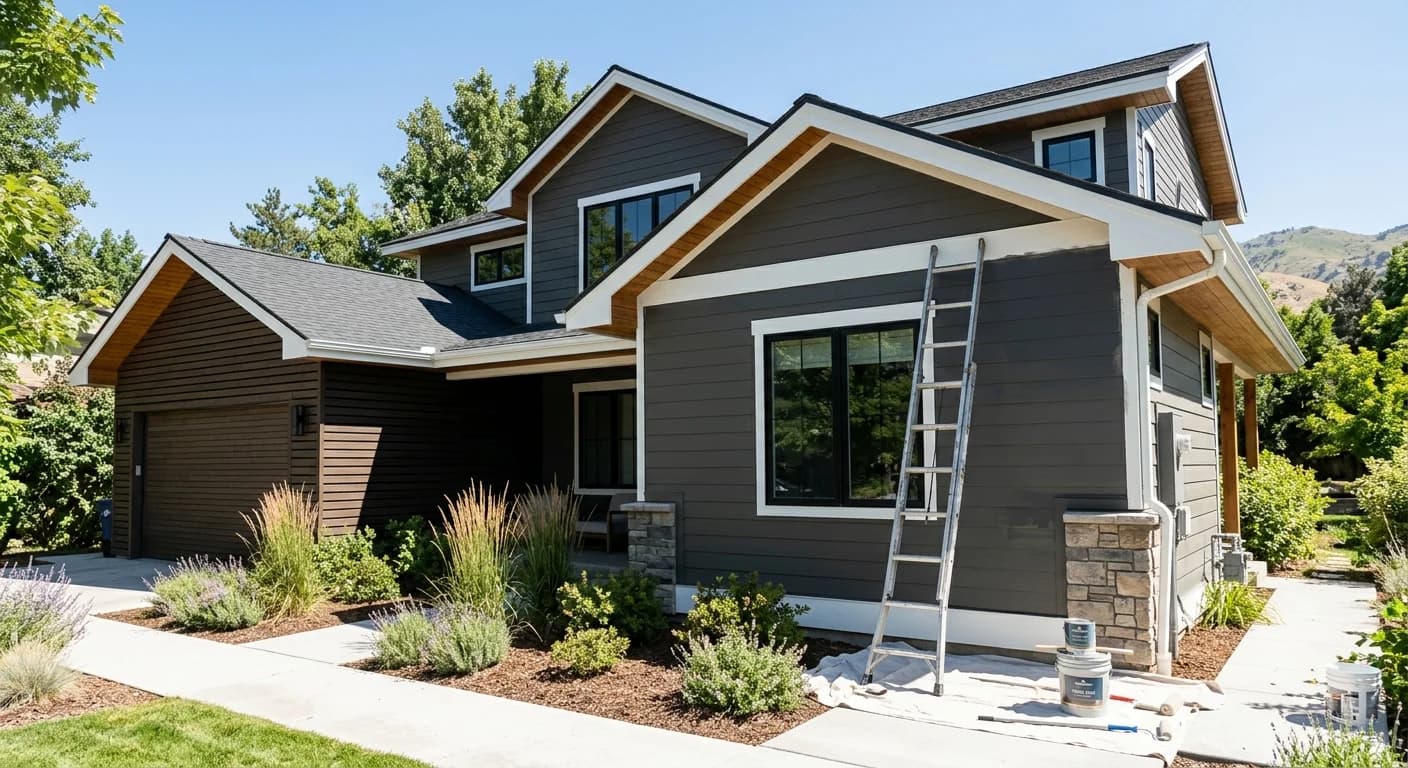 Professional painter applying second coat to exterior siding on a Boise home