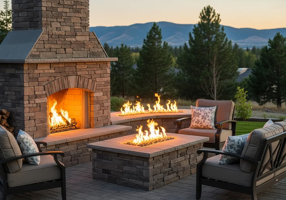 A stone outdoor fireplace and gas fire pit on a Treasure Valley paver patio at dusk