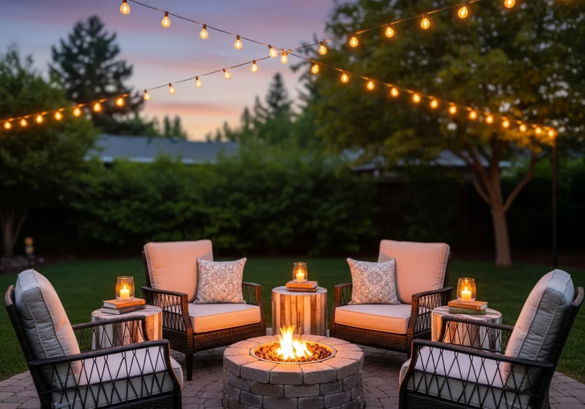 An outdoor seating area arranged around a stone fire pit on a patio at dusk in Boise, Idaho