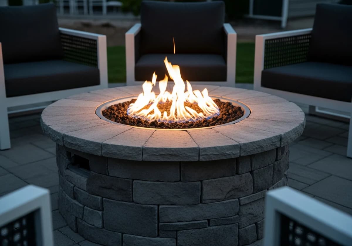 A stone-clad natural gas fire pit on a paver patio surrounded by outdoor seating in a Boise backyard