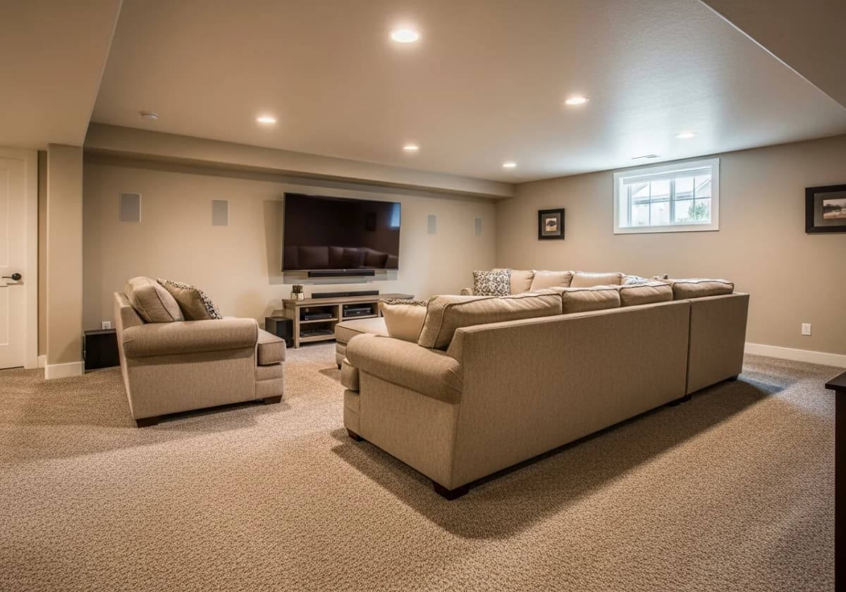 Low-pile loop Berber carpet in a finished Boise basement family room