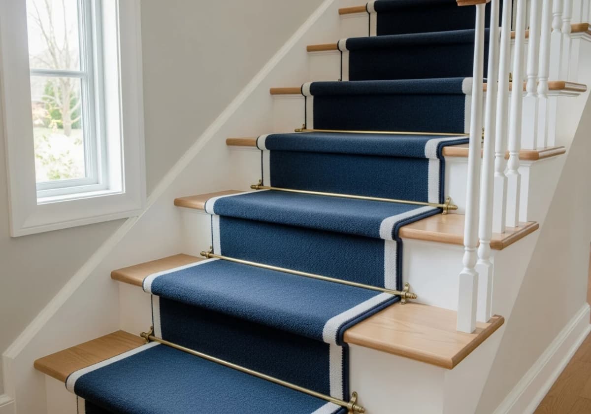 Custom wool stair runner with brass rods in an Idaho home