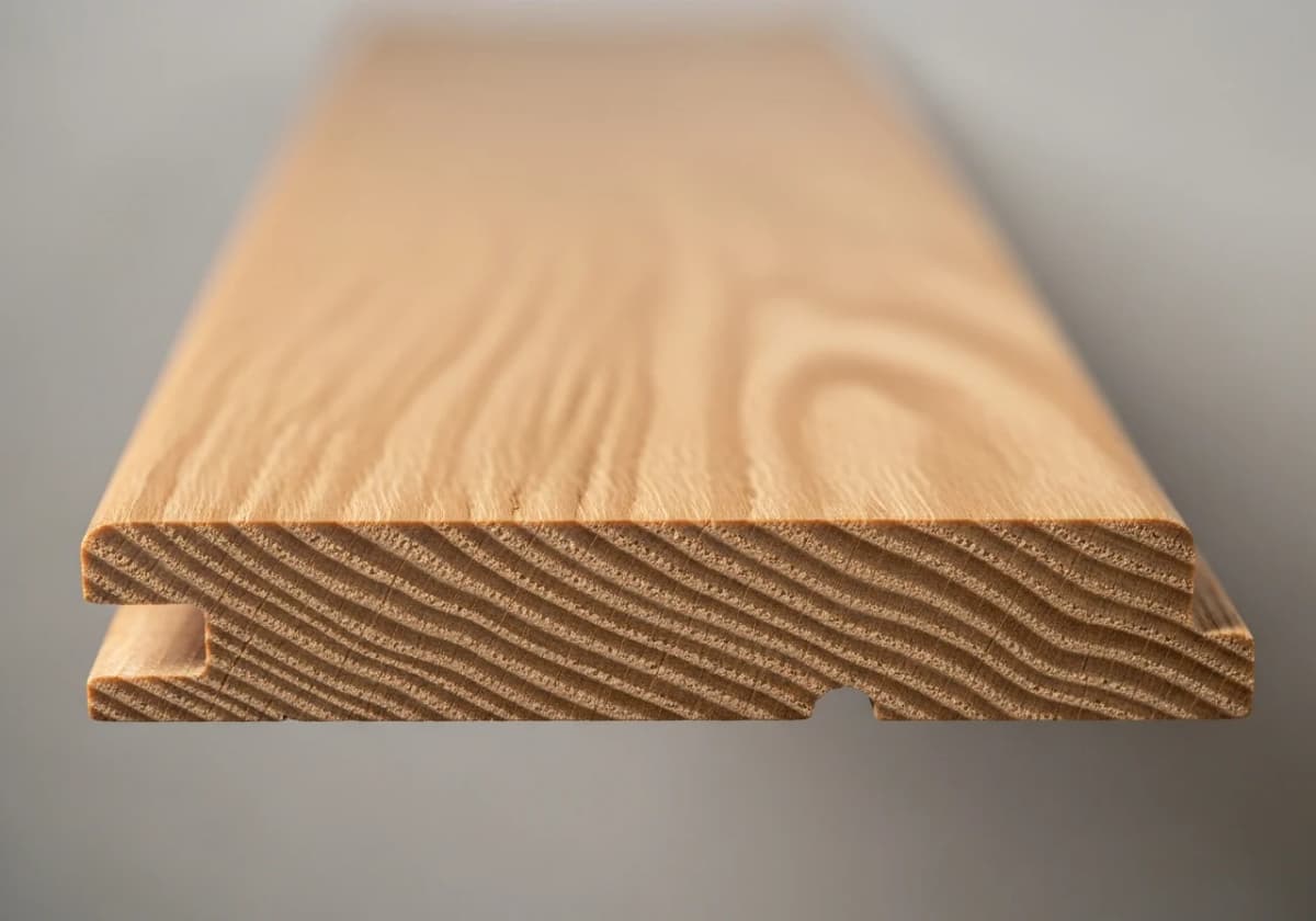 Solid white oak plank cross-section showing tongue-and-groove and full thickness