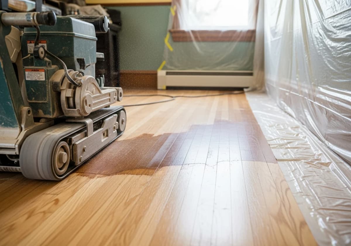 Belt-sander refinishing in progress on a North End Boise bungalow hardwood floor