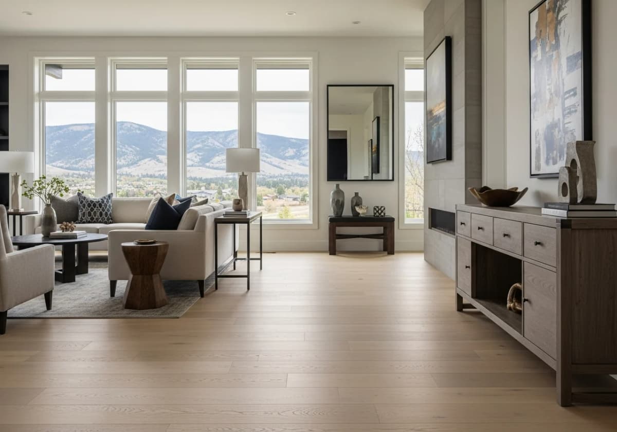 Wide-plank white oak hardwood in a modern Boise foothills living room