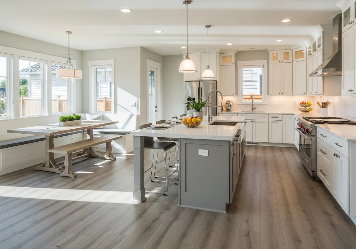 Wide-plank SPC luxury vinyl plank in a bright Boise kitchen