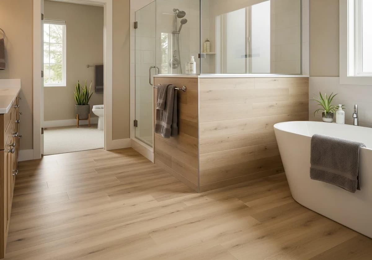 LVP flooring continuing into a curbless walk-in shower — waterproof advantage