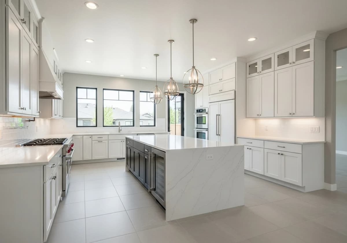 Large-format porcelain tile floor in a contemporary Boise kitchen