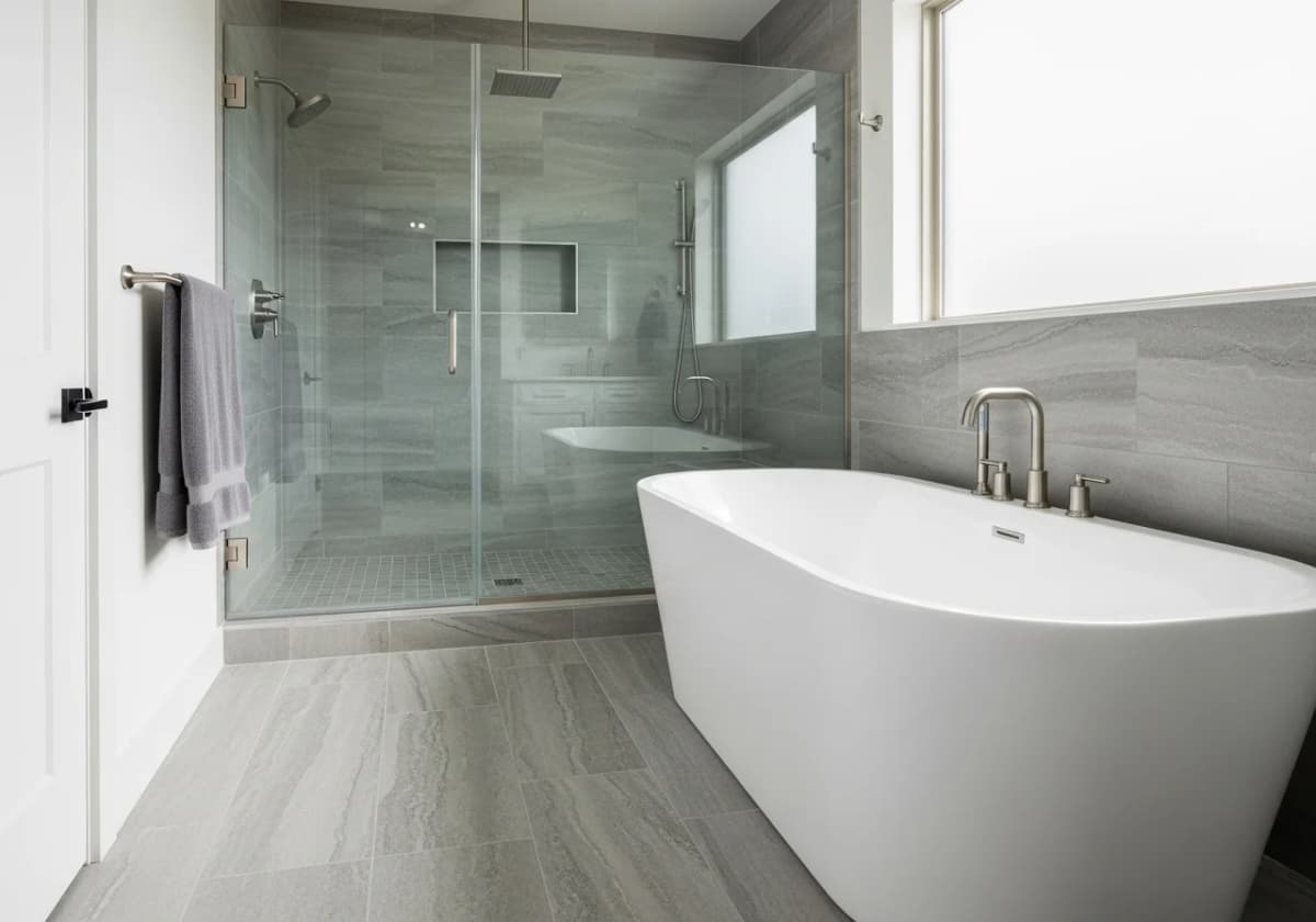 24×48 large-format porcelain tile floor in a modern Boise primary bathroom
