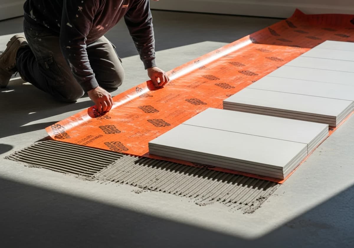 Schluter-Ditra-style uncoupling membrane being applied over a slab before tile