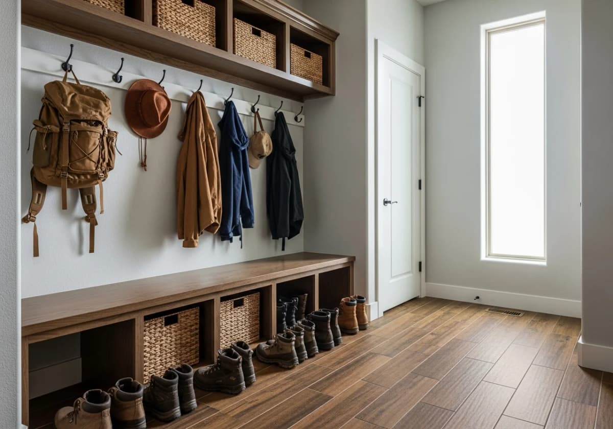 Wood-look porcelain plank tile in a Treasure Valley mudroom