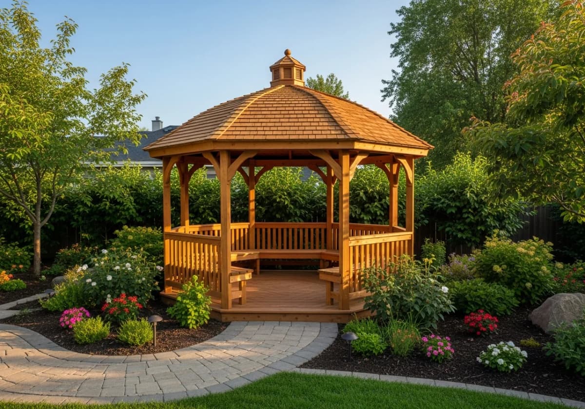 A cedar wood gazebo with a peaked solid roof in a landscaped Boise backyard