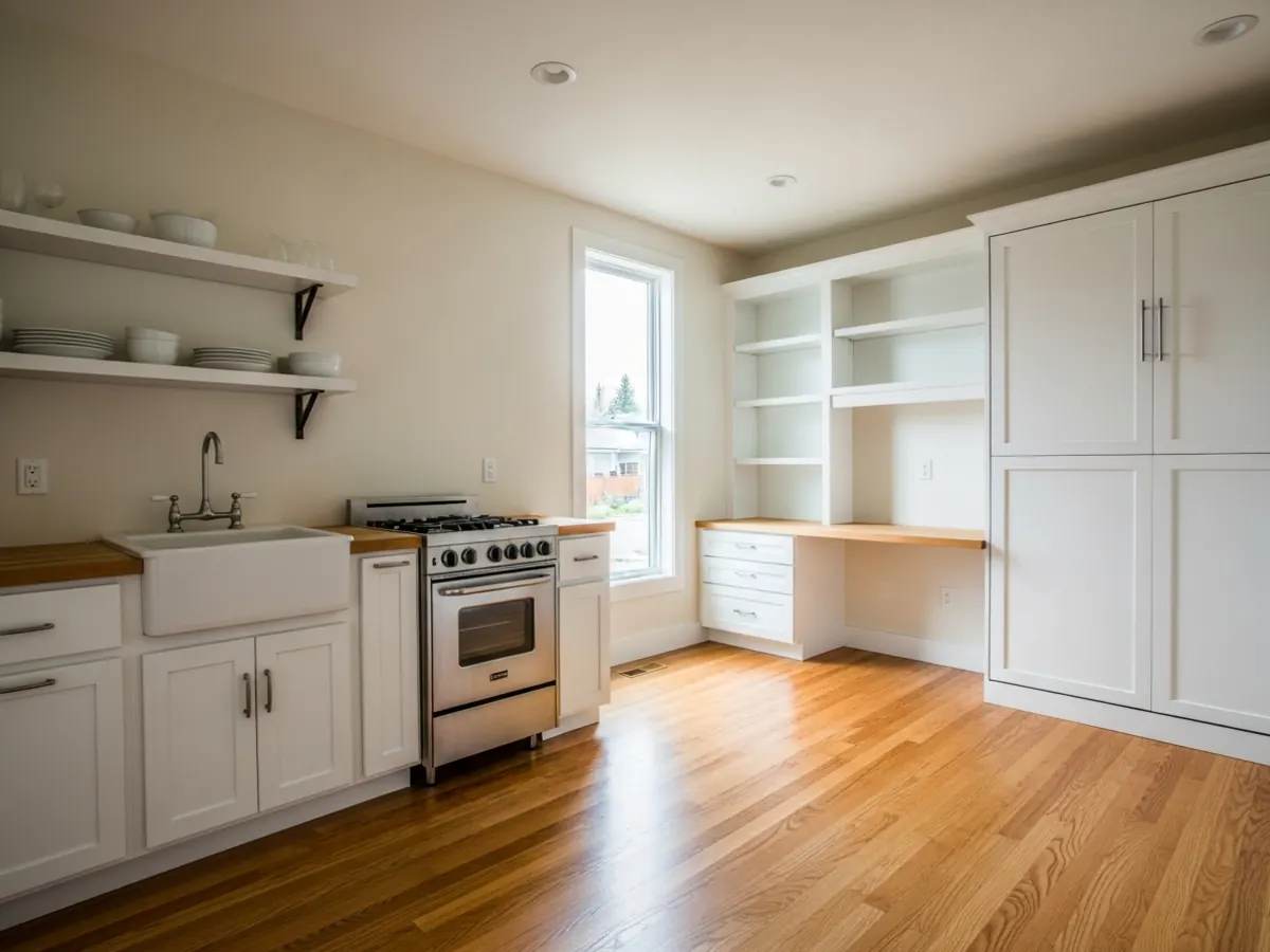 Interior of a Boise Bench ADU studio with compact white shaker kitchen, butcher block counter, built-in desk, and Murphy bed