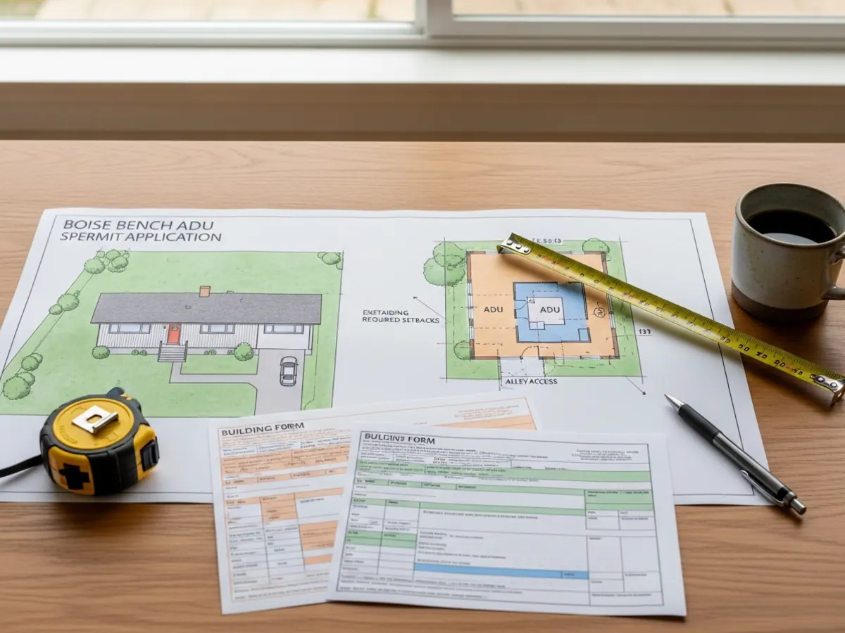 Site plan and permit documents for a Boise Bench ADU showing footprint, setbacks, and alley access for City of Boise zoning compliance