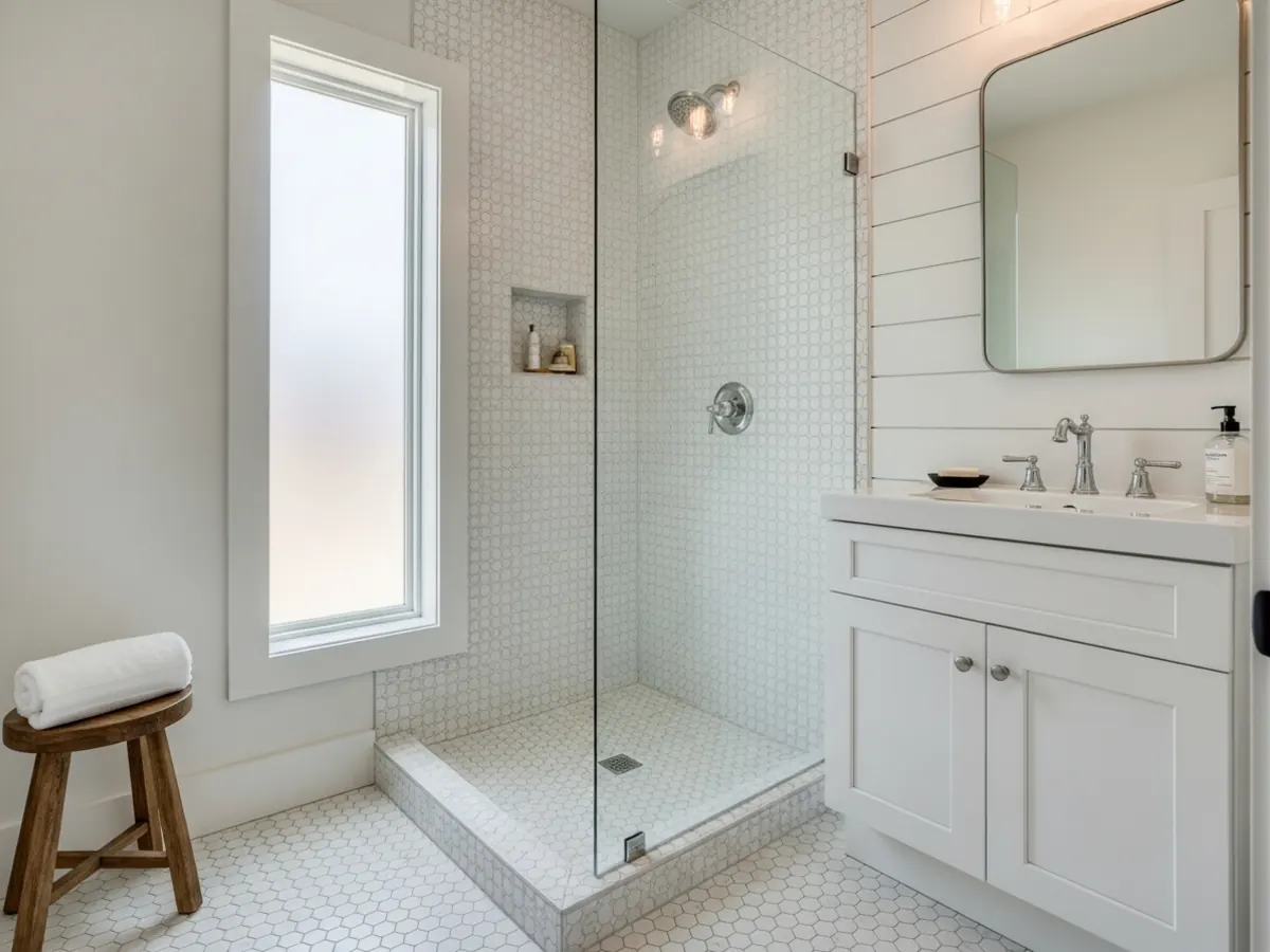Compact bathroom in a Boise Bench ADU with curbless walk-in shower, wall-hung vanity, white penny tile, and hex floor tile