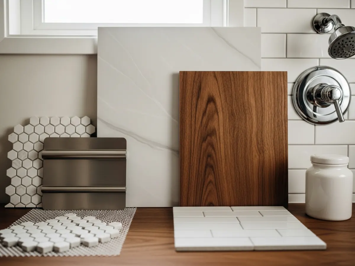 Boise Bench mid-century bathroom material palette — hex floor tile, brushed-nickel fixtures, walnut vanity panel, large-format porcelain, polished chrome shower head