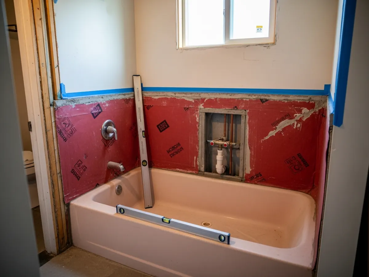 Boise Bench mid-century ranch bathroom mid-renovation showing tub-to-shower conversion with cement board curb, waterproof membrane, and plumbing rough-in