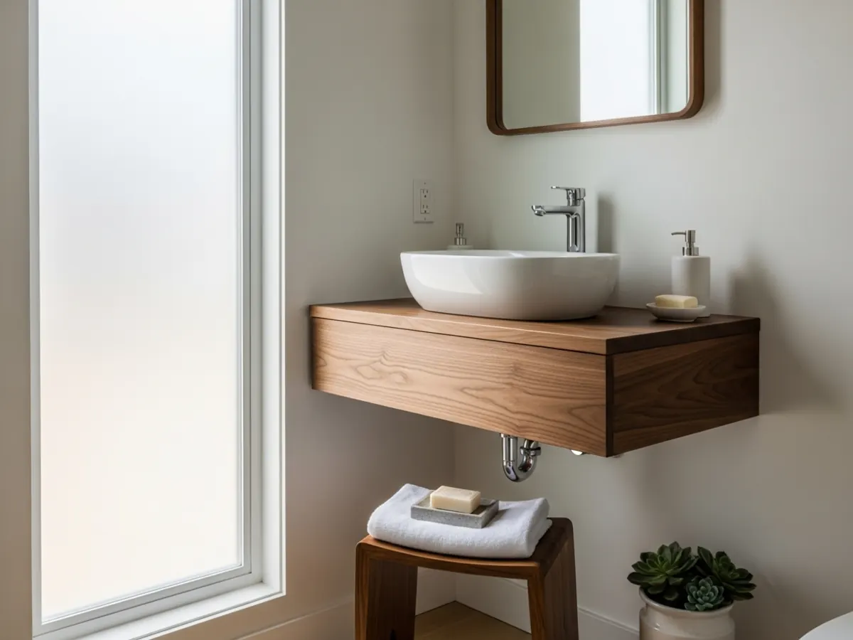 Detail of a finished Boise Bench mid-century bathroom with walnut floating vanity, vessel sink, and modern accents
