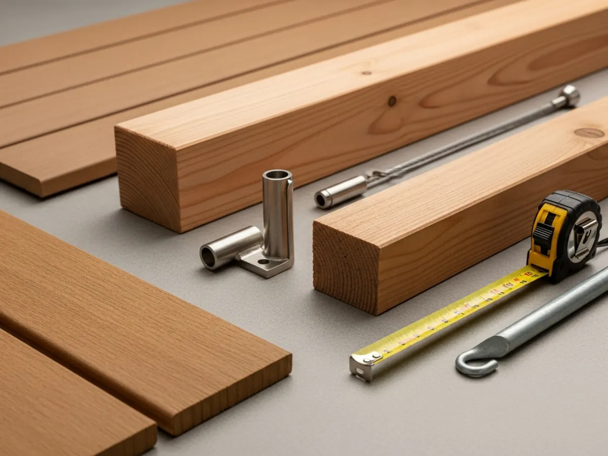 Deck building materials for a Boise Bench mid-century home including composite decking, cedar pergola beam, cable railing fittings, joist hanger, and pressure-treated framing