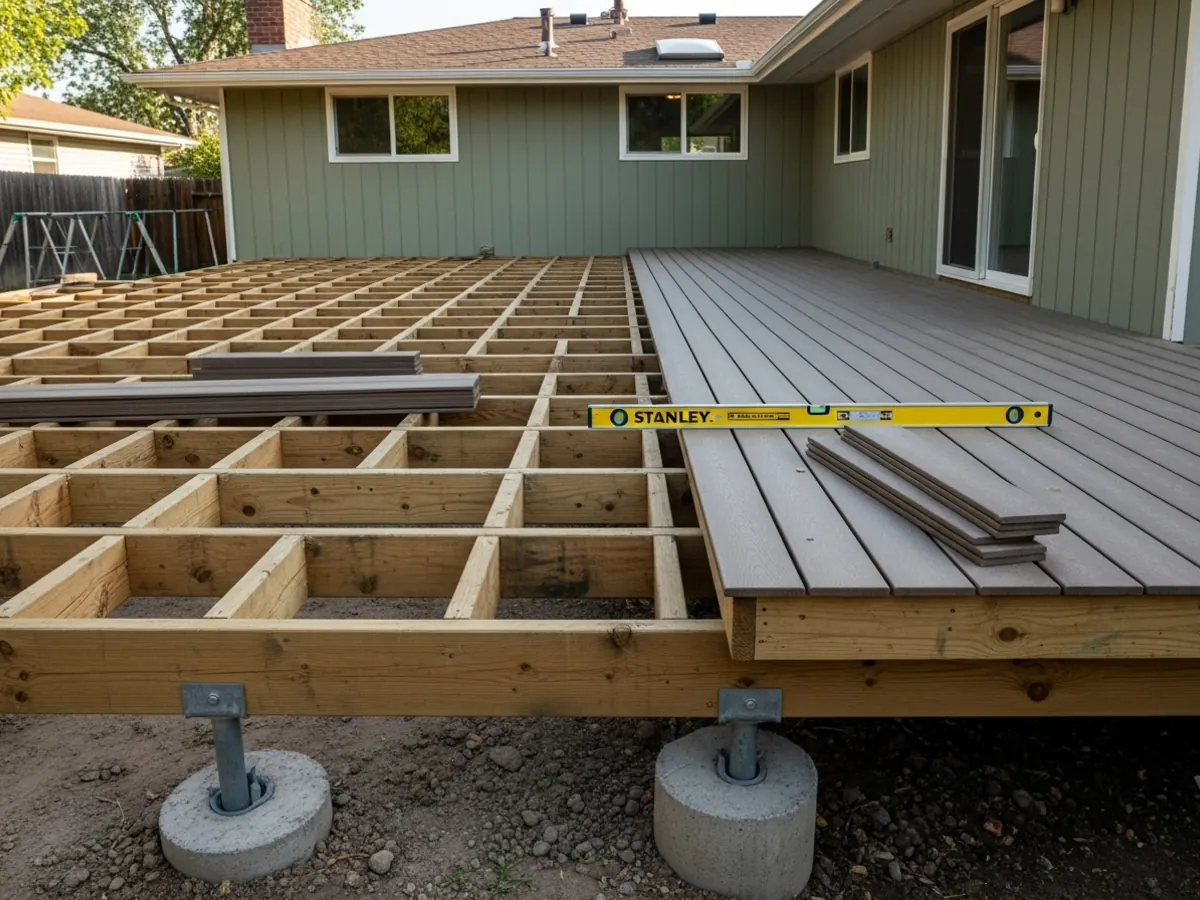Deck construction in progress in a Boise Bench back yard showing finished framing on concrete piers with composite decking half-installed