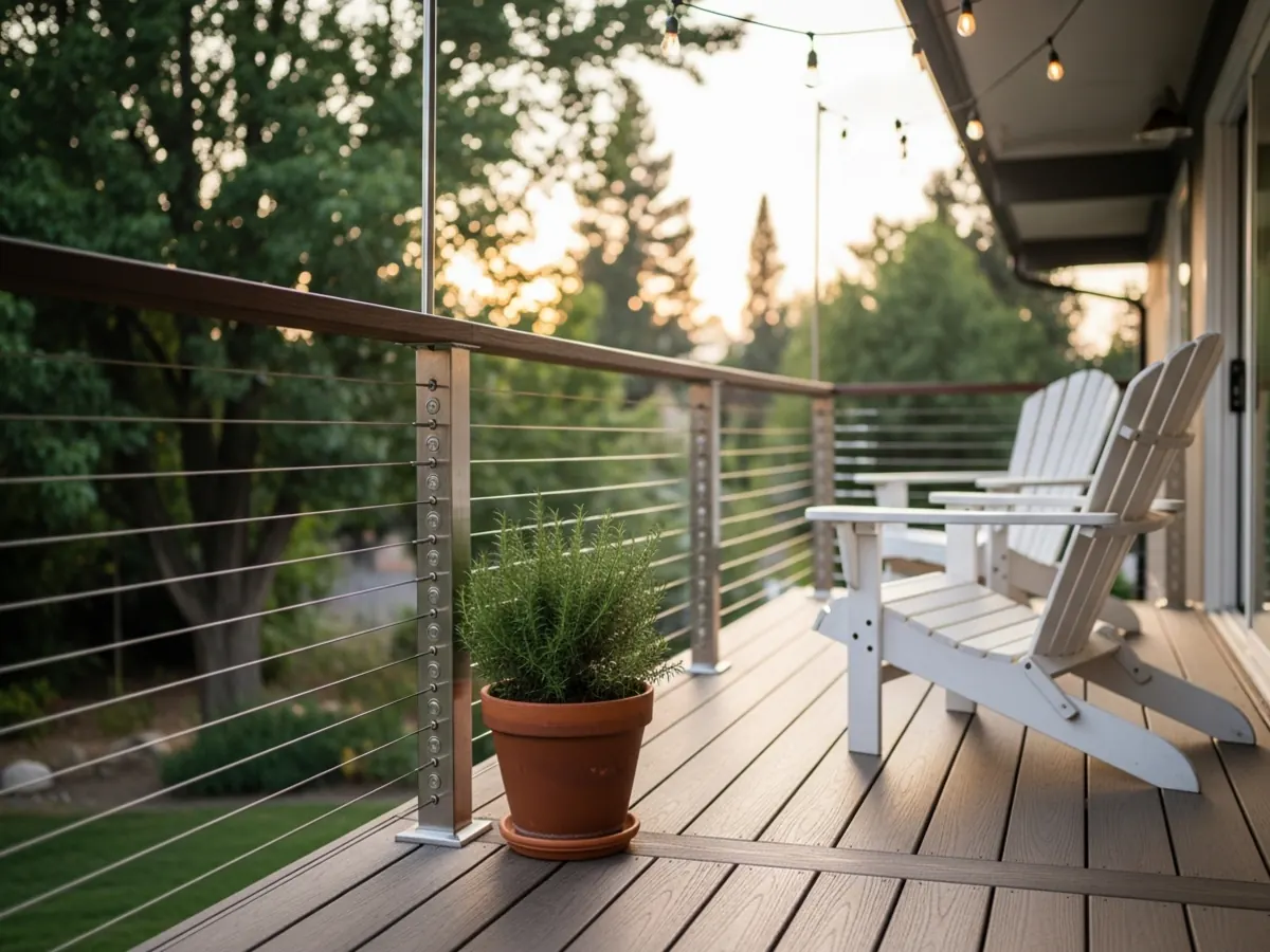 Detail of a finished deck on a Boise Bench mid-century home with composite floor, cable railing, terra cotta planter, and vintage Adirondack chair