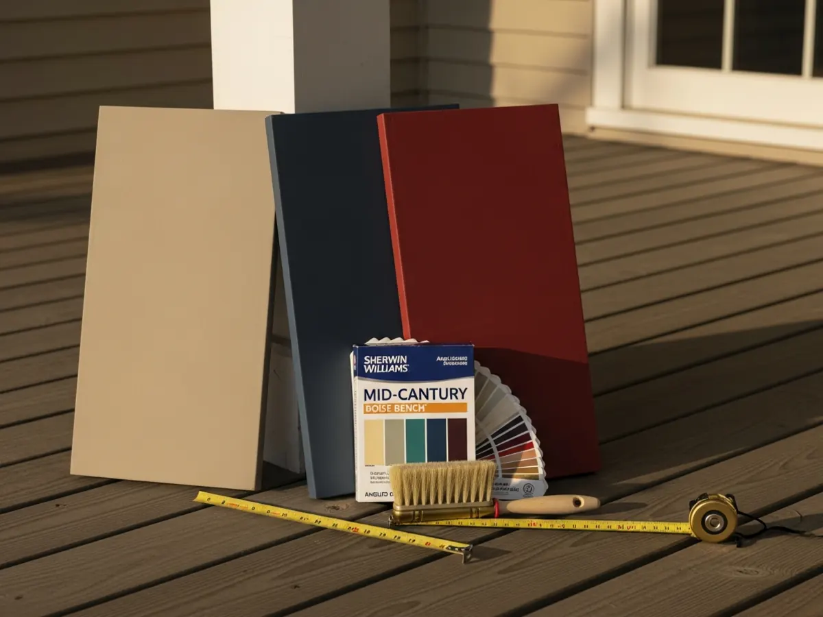 Exterior paint samples for a Boise Bench mid-century ranch showing color scheme of warm greige siding, navy trim, and brick red door