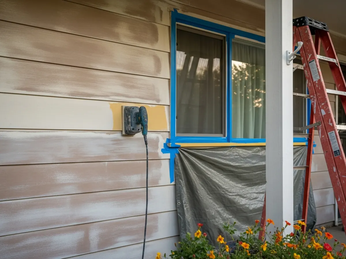 Exterior paint prep on a Boise Bench mid-century ranch showing scraped lap siding, masked trim, and protective tarp on plantings