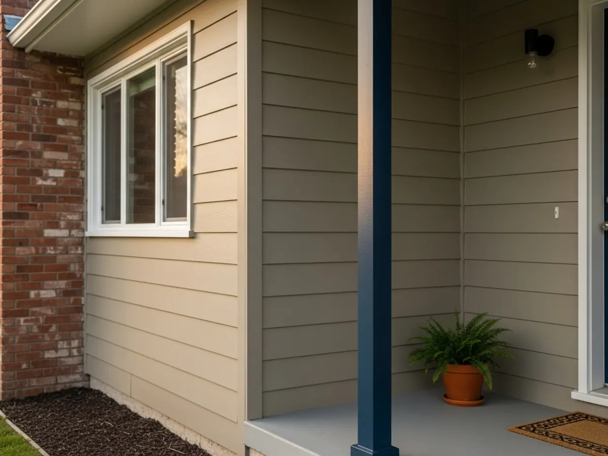 Detail of a freshly painted Boise Bench mid-century ranch front porch with greige siding, navy post, and brick chimney accent