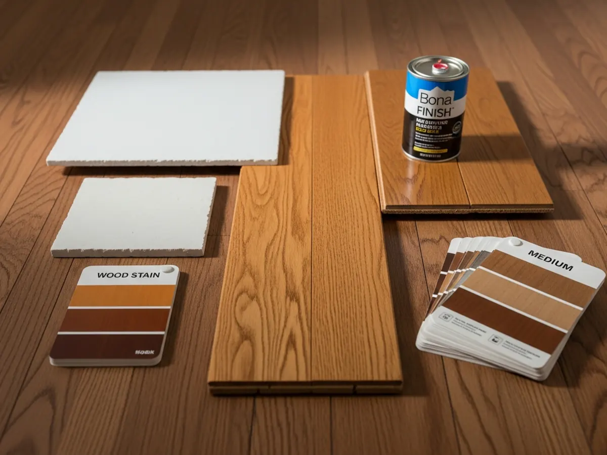 Flooring material samples for a Boise Bench mid-century home including refinished red oak strip, engineered oak, porcelain tile, and stain options