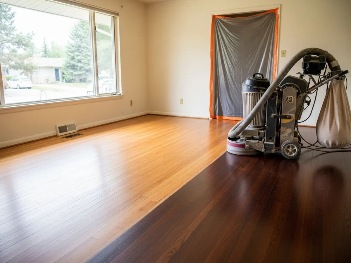Original red oak strip floor mid-refinishing in a Boise Bench mid-century ranch showing the seam between freshly sanded raw wood and original dark stain