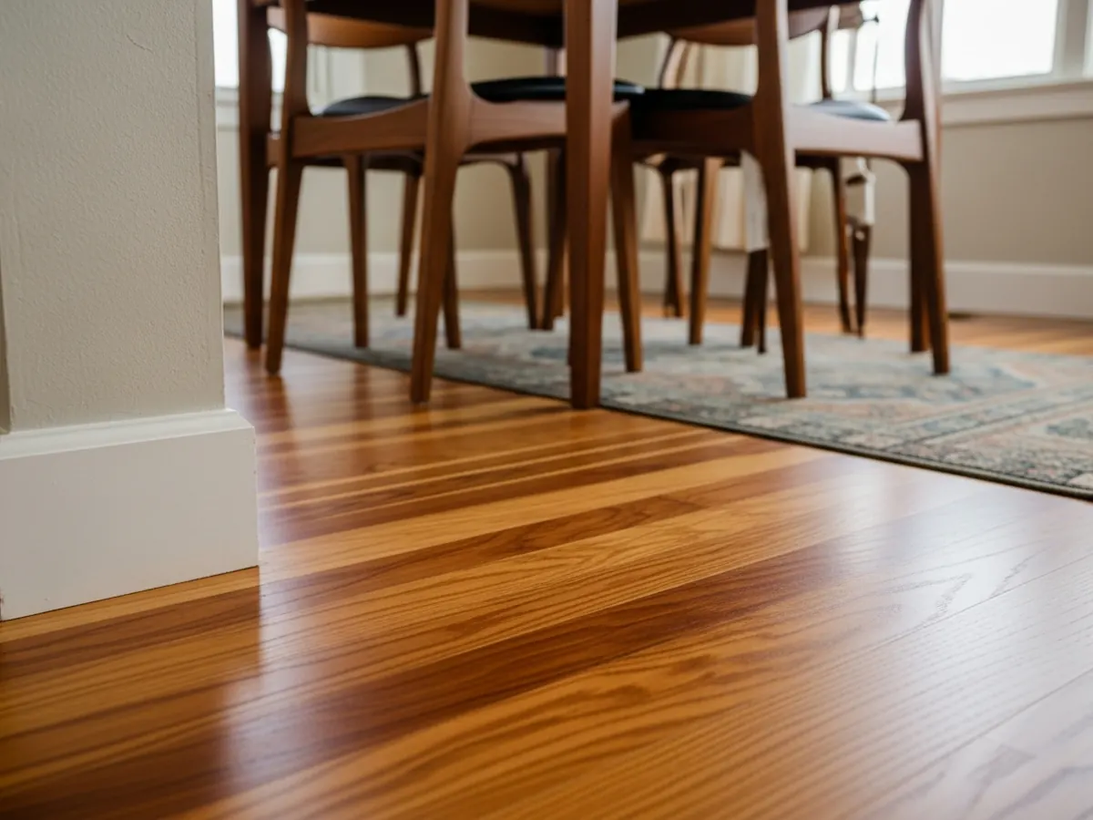 Refinished red oak strip floor detail in a Boise Bench mid-century ranch dining room with grain visible, original baseboards, and a vintage runner rug