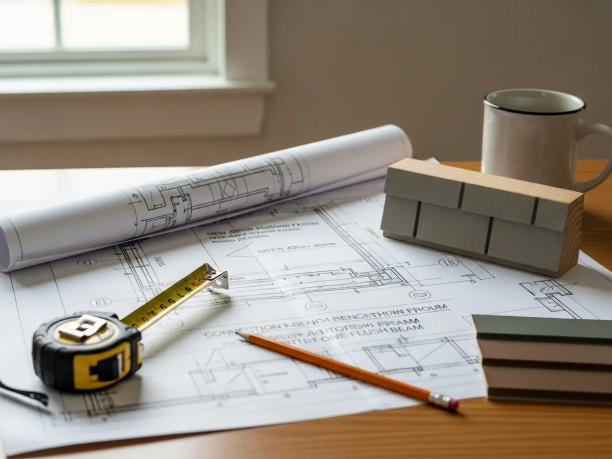 Construction drawings and material samples for a Boise Bench mid-century ranch home addition showing structural connection between original and new framing