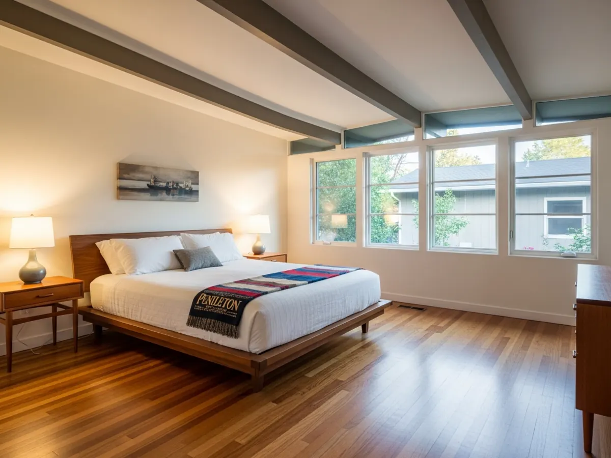 Interior of a finished Boise Bench mid-century primary suite addition with vaulted ceiling, exposed beams, and refinished oak floors continuing the original pattern
