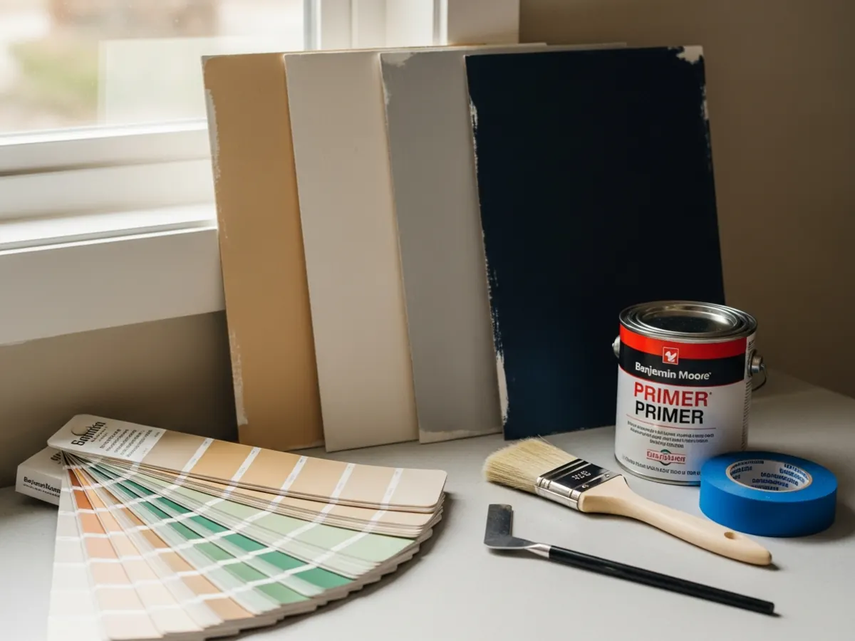 Interior paint color samples and brushes for a Boise Bench mid-century ranch repaint in warm whites, greige, and navy