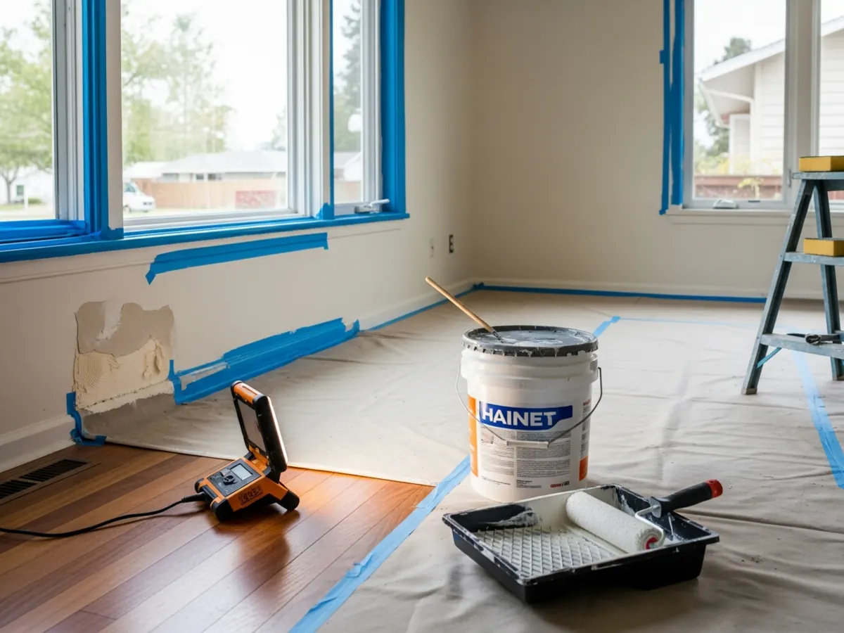 Interior painting prep work inside a Boise Bench mid-century ranch with painter's tape masking original window casings and drop cloths protecting original floors