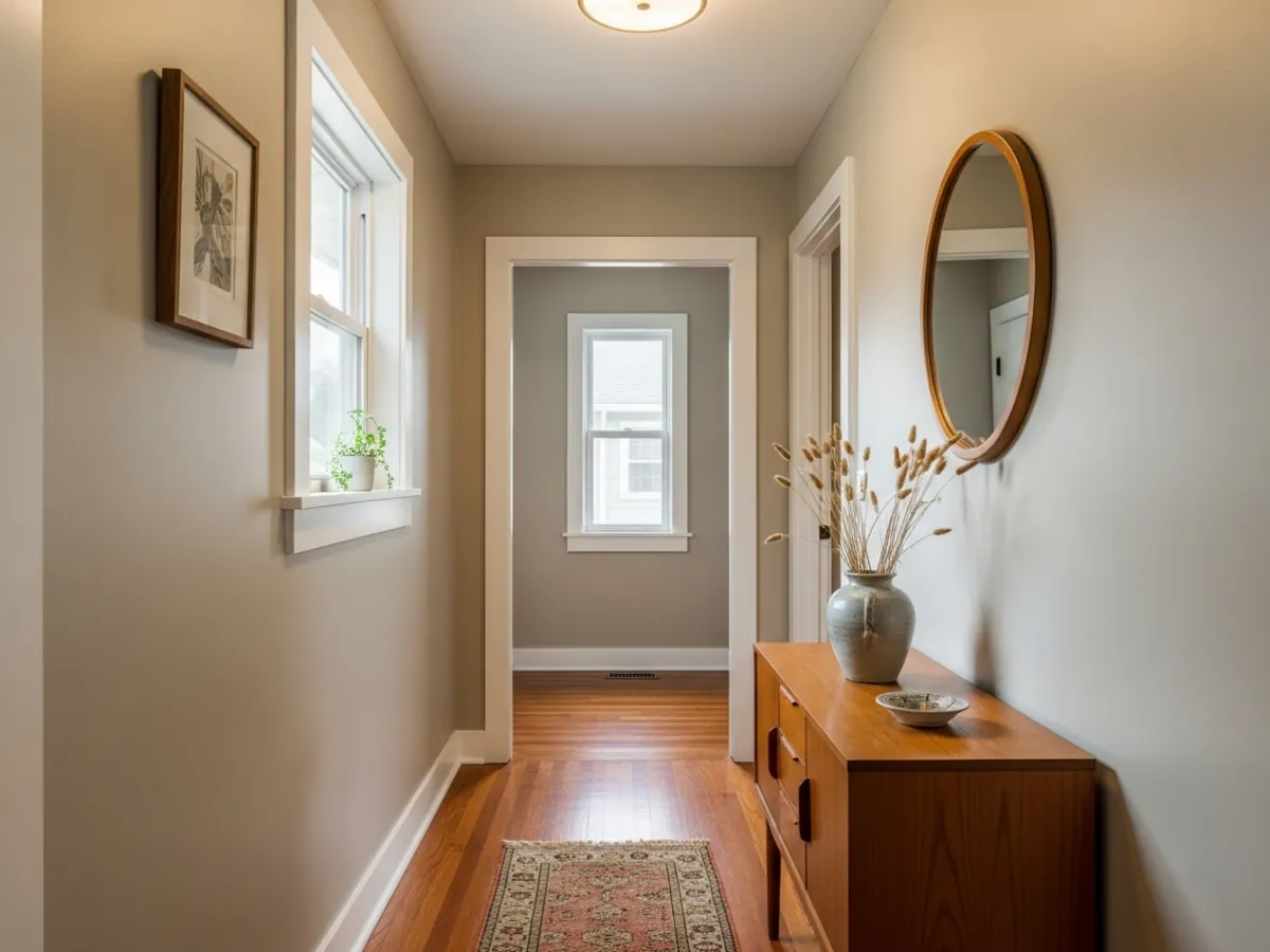 Repainted entry hall in a Boise Bench mid-century home with greige walls, white trim, original oak floors, and a teak console table
